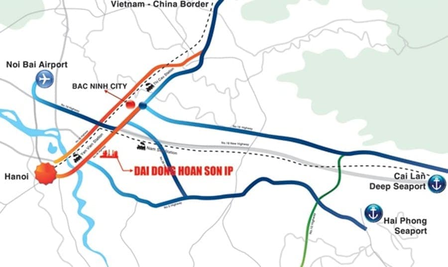 Khu công nghiệp Đại Đồng – Hoàn Sơn sở hữu vị trí chiến lược khi nằm ngay cửa ngõ phía Đông Bắc Hà Nội và tiếp giáp các tuyến giao thông huyết mạch của miền Bắc
