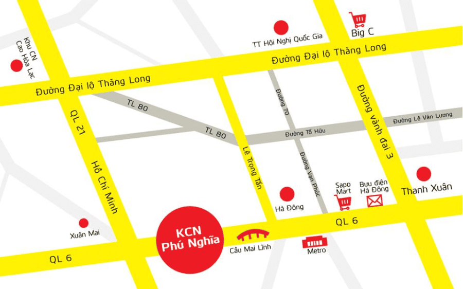 Khu công nghiệp Phú Nghĩa - Hà Nội 2 Nằm trên Quốc lộ 6, giữa khu vực Chúc Sơn và Xuân Mai, Khu công nghiệp Phú Nghĩa - Hà Nội có lợi thế kết nối